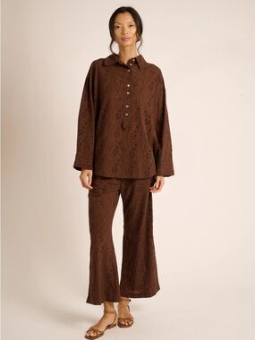 La Maregold Brown Eyelet Two-Piece Top and Pants Set